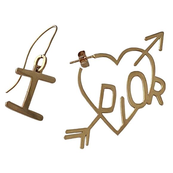 AUTH VTG Christian Dior Gold Cupid I Heart Love Logo Dangle Hook Earrings - Picture 1 of 12